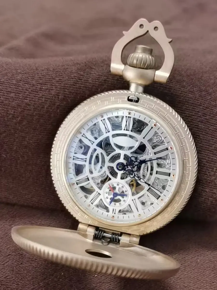 Bronze pocket watch with double-sided spherical gemstone glass manual mechanical movement, waterproof