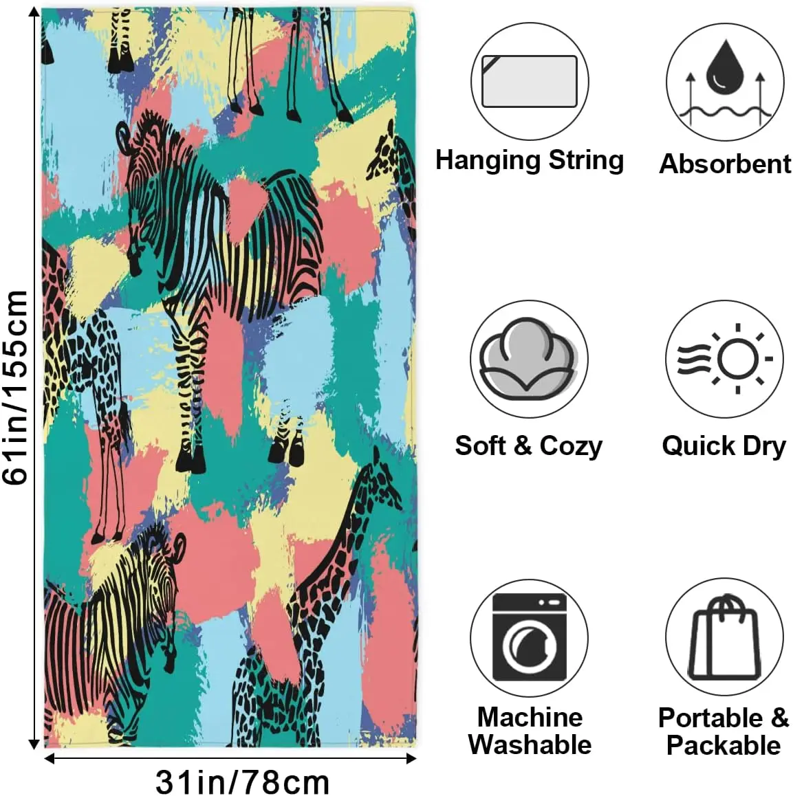 Abstract Art Graffiti Animal Print Oversized  Microfibre Beach Towel,Extra Large Towel Light Travel Towel for Adults Beach Gifts