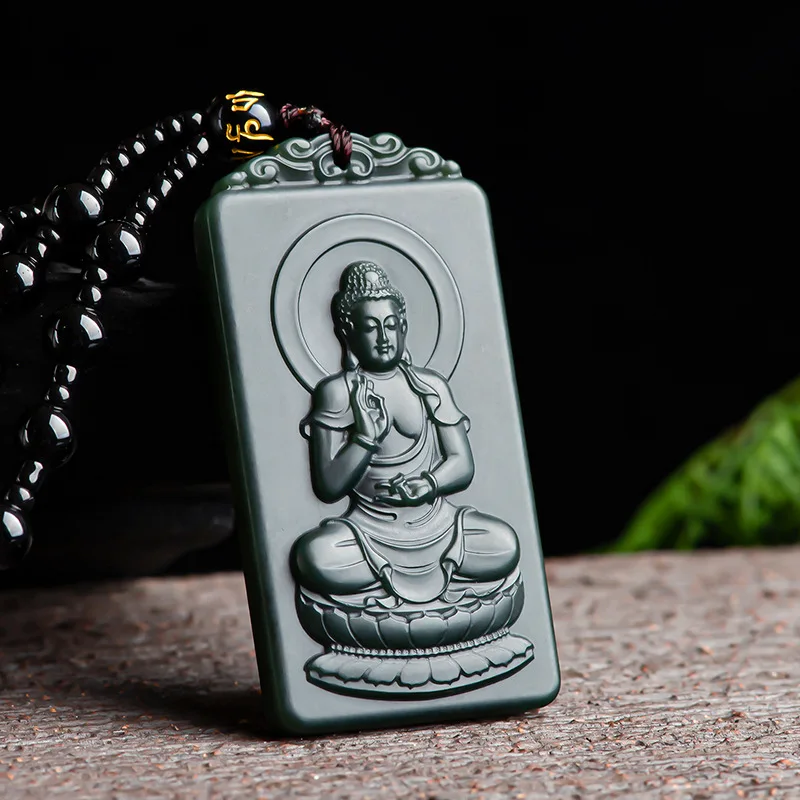 Natural Old Material Hetian Jade Black Jade Amitabha Buddha Pendant Jade Plaque Lucky Charm for Men and Women Gifts