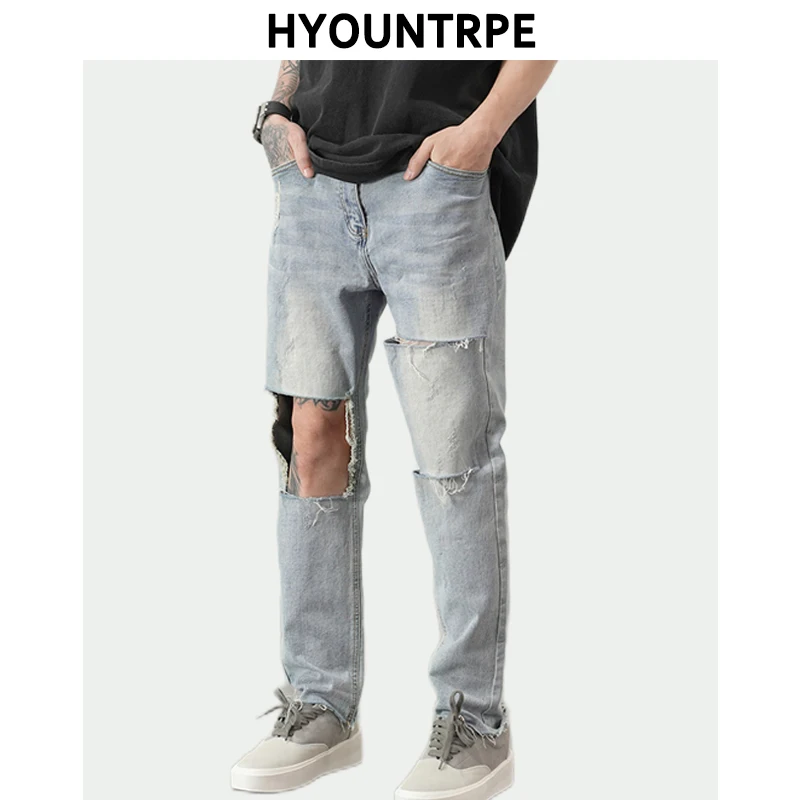 

Destroied Big Holes Ripped Denim Jeans Mens Distressed Biker Jeans Fashion High-street Slim Straight Pants Streetwear Joggers