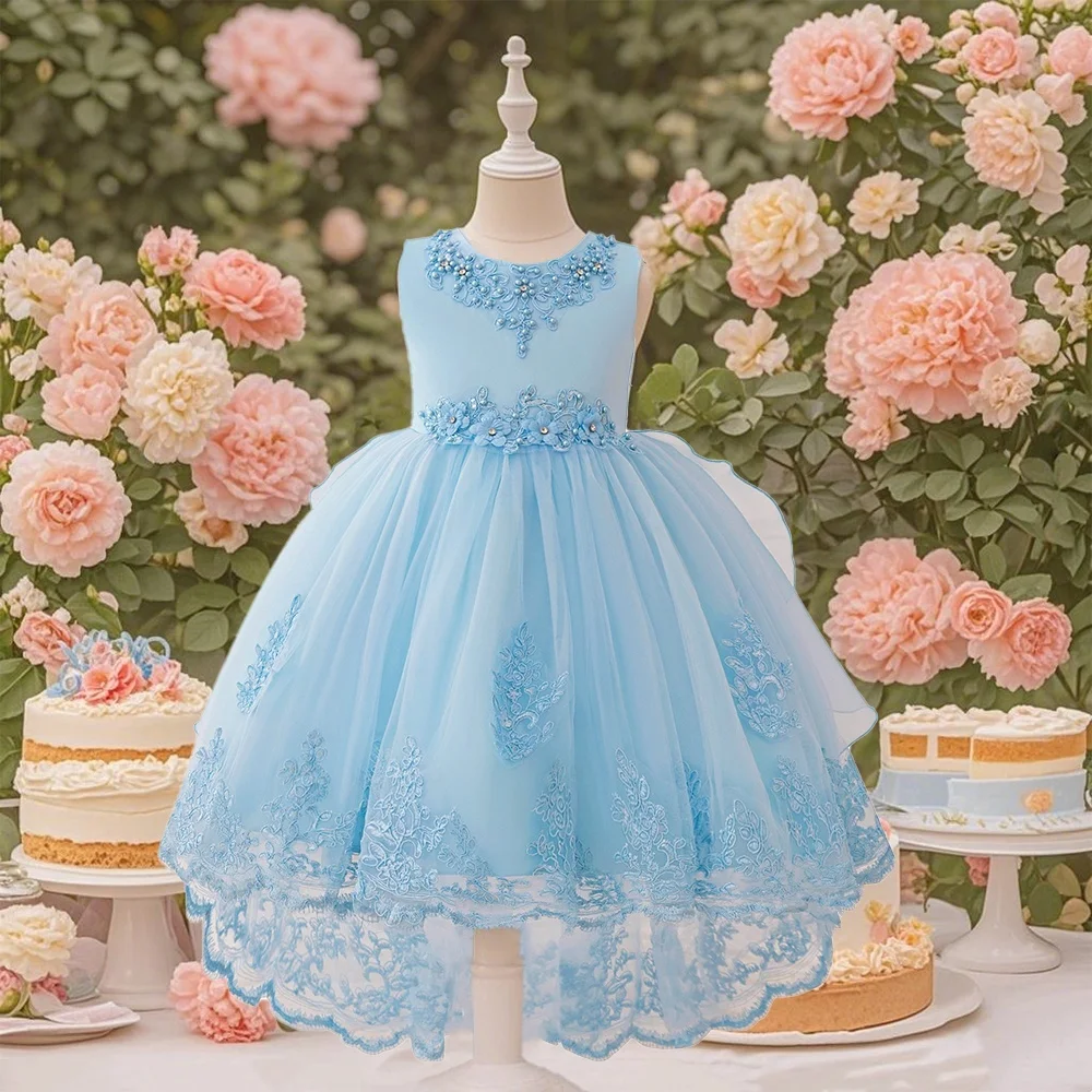

Flower embroidery design princess dress for girls flower girl trailing design dress for girls