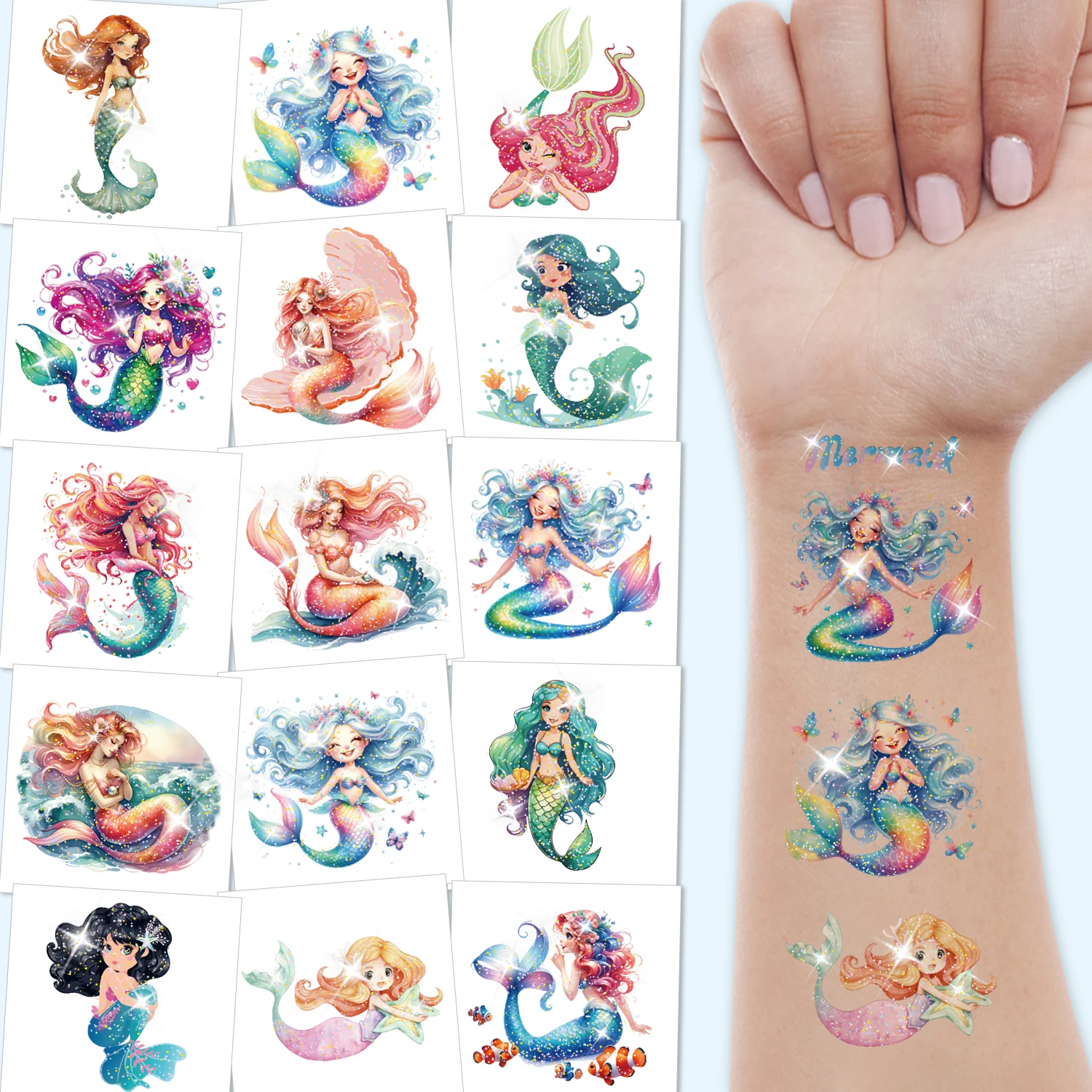 Glitter Temporary Tattoos for Girls, 12 Sheets Mermaid Tattoos Stickers, Mermaid Theme Party Favors Birthday Decorations