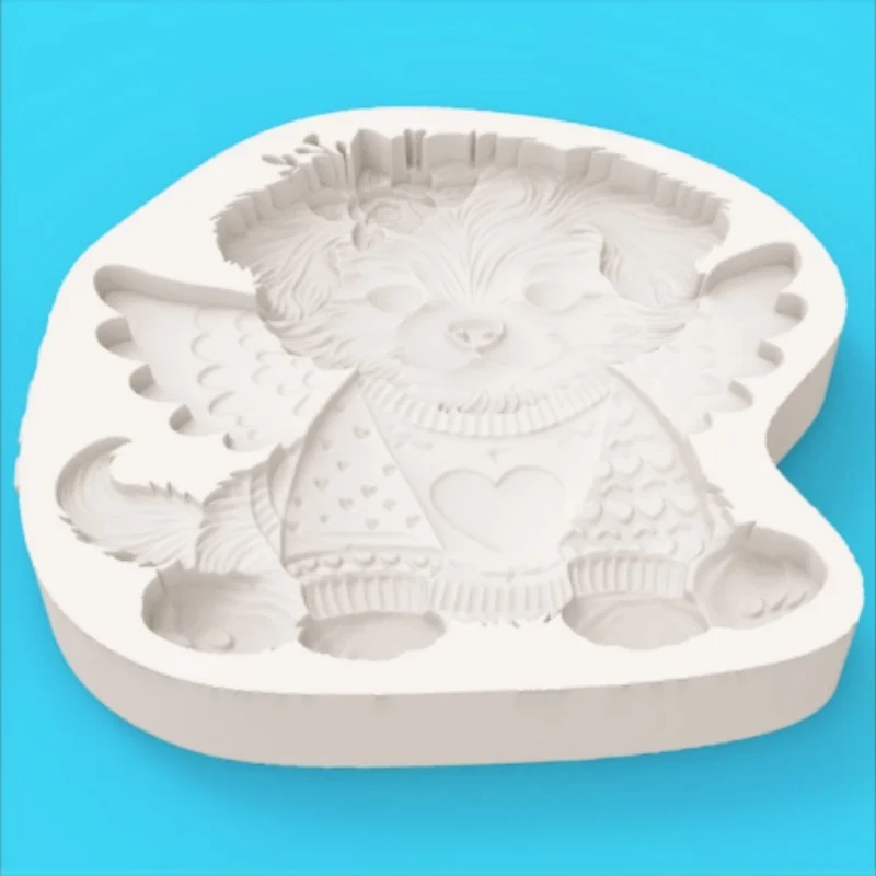 Silicone Mold for Angel Puppy Design with Flower Wreath, Wings, and Love Sweater; Healing-Themed Dessert Chocolate Fondant Decoration Making Silicone Mold - view 3