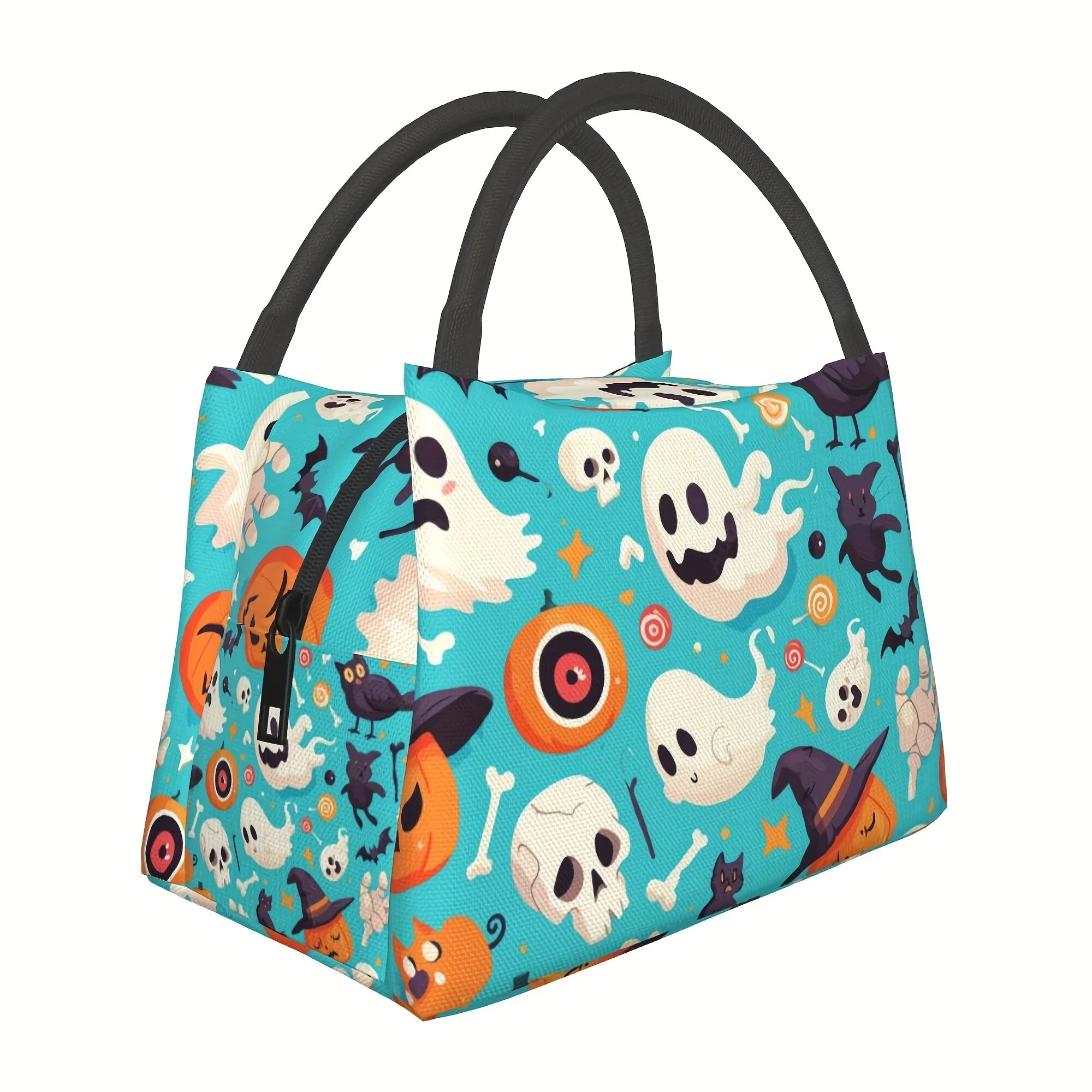 Halloween Ghost Pumpkin Skull Print Insulated Cooler Bag Portable Reusable Lunch Bag for Camping Picnic Office