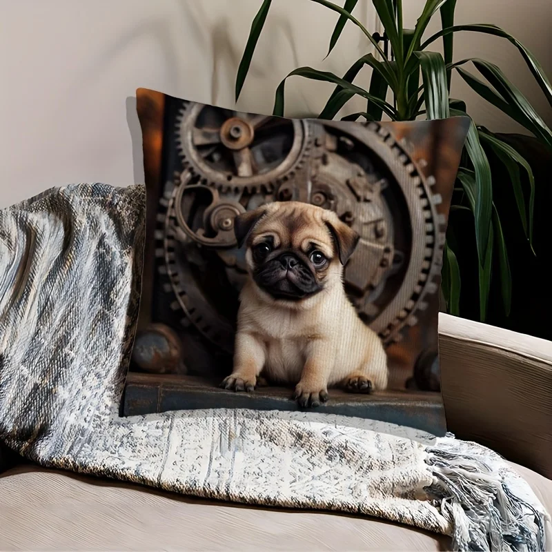 Cute Pug Steampunk Gears Dog Pillowcase Throw Cushion 40x40cm Decorative Home Decor Industrial Vintage Pet Lover Art Print Pillo