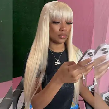 613 Honey Blonde Straight Human Hair Wig With Bangs Remy Hair Fringe Wigs For Women 180%Full Density Machine Made Wig With Bangs