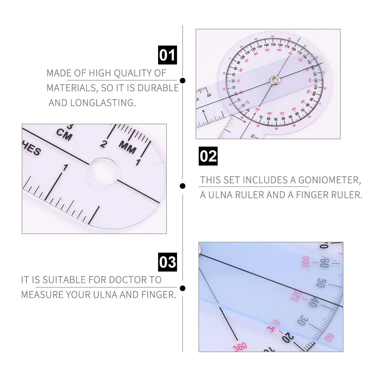 

1Set Durable Medical Ruler Set 360 Degree Protractor Ulna Finger Measurement Transparent Multicolor Goniometer