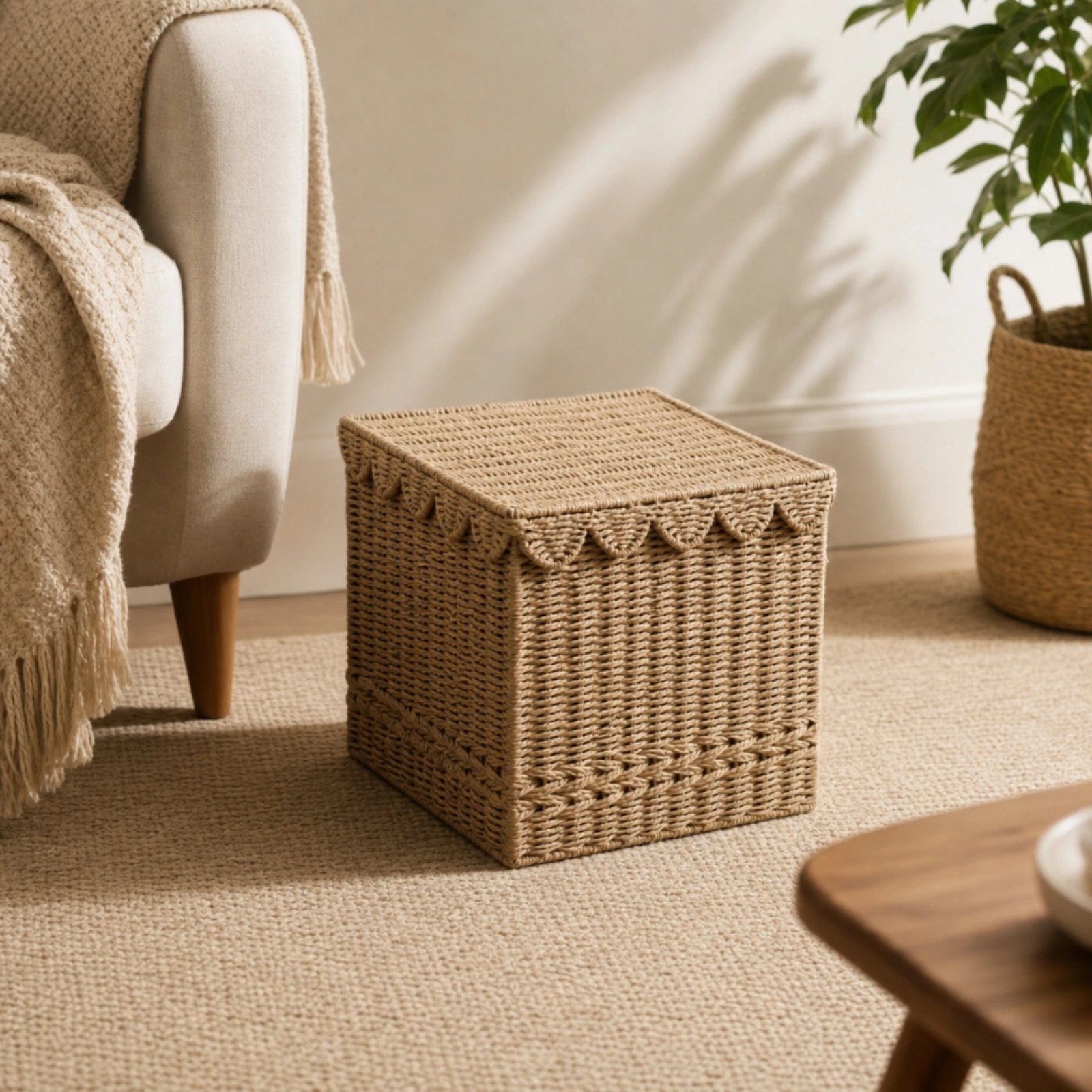 Storage Basket with Lid Braided Rope Basket with Lining Decorative Stylish for Bedroom, Bathroom