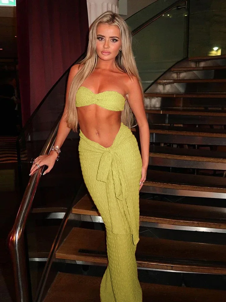 

CPSYMYM Ruched Elegant 2 Piece Set Women Sexy Off Shoulder Tube Tops+Skinny Ribbon Long Skirts Midnight Prom Party Outfits