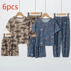 6-PIECE Combination of Boys and Girls Summer Home Set Short-sleeved Shorts Long Pants Girls Comfortable Cute Pajama Set Boys FAs