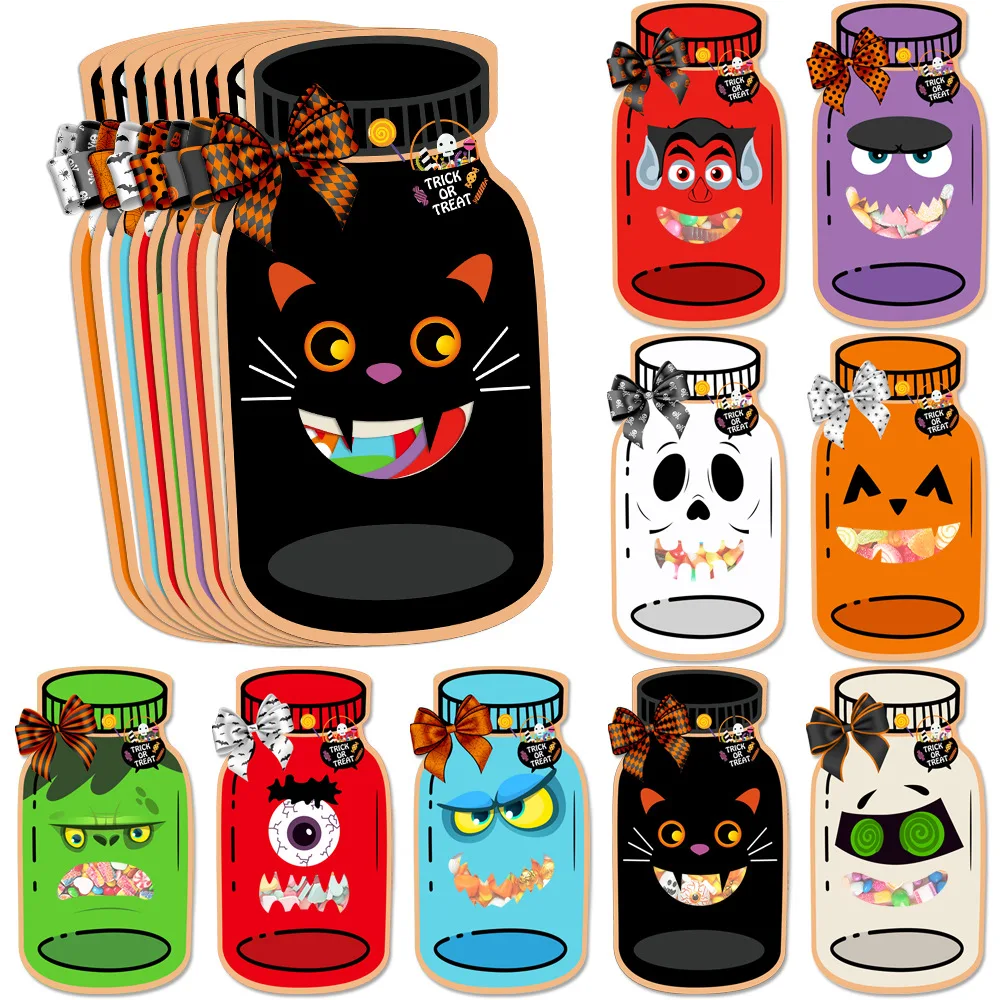 9/18 Stück Halloween Cartoon Geschenk Süßigkeiten Flasche Kartentasche Fledermaus Schloss Kürbis Skelett Süßes oder Saures Taschen Happy Halloween Kindergeschenke