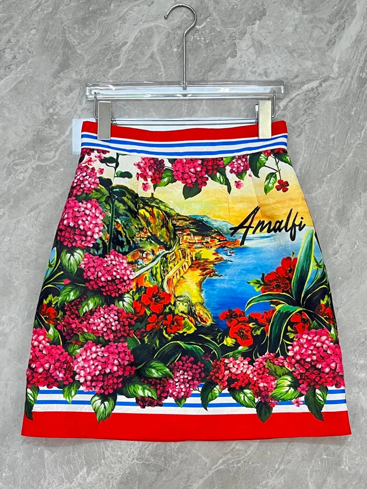 AELESEEN Sicilian Summer Mini Skirt Women Runway Fashion High Waist Seascape Hydrangea Letters Printed Jacquard Casual Holiday