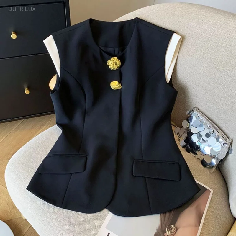 Exquisite Button Women's Jackets Sleeveless Vests O Neck Chaquetas De Mujer New Casual Ropa Mujer Elegant Fashion Vest