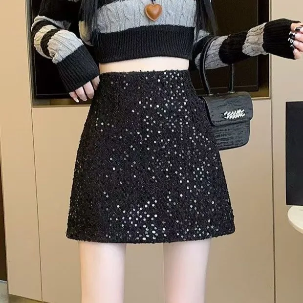 High Waist Slim Spicy Girl Wrapped Hip Short Black Sequins Skirts A-line Small Fragrant Thick Tweed Skirt Vintage Faldas