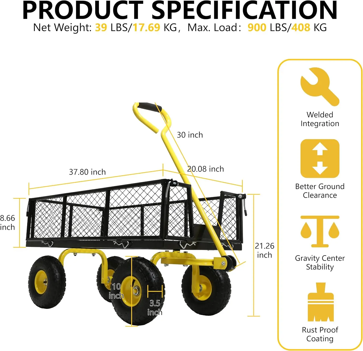 2-in-1 Heavy Duty Steel Garden Cart & Utility Wagon, 900 LBS Capacity, Removable Mesh Sides Convert to Flatbed, 10