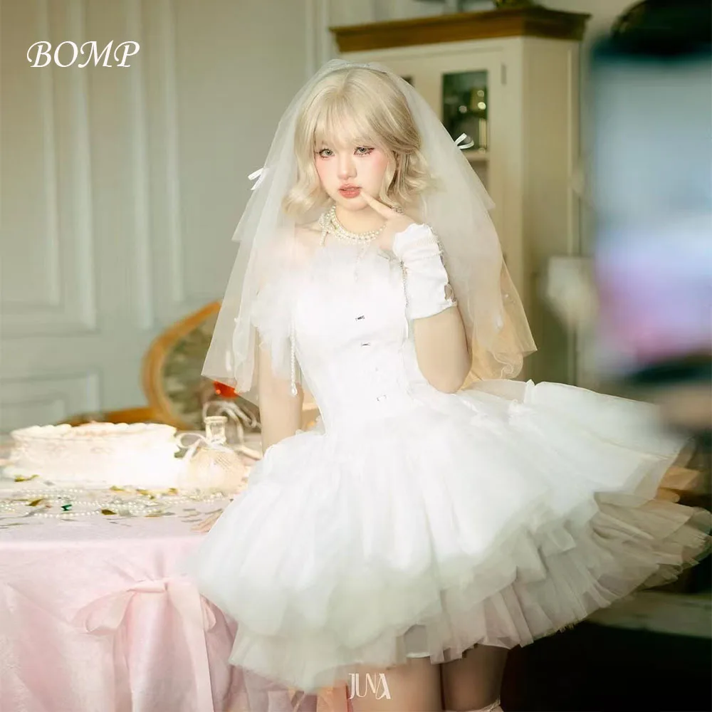 

BOMP Lovely Short Wedding Party Dress Strapless Draped Mini Boll Gown Ivory Tulle Photo Shoot Dresses Customized Japen ウエディングドレス
