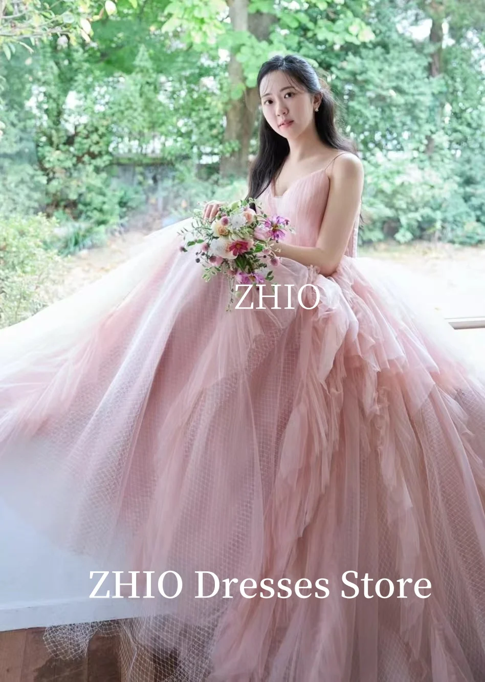 ZHIO Elegant Pink Wedding Party Dress Spaghetti Strap A-Line Draped Tulle Korea Photo Shoot Bridal Reception Gowns Customized