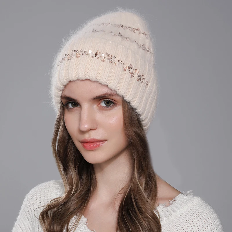 CNTANG Fashion Hat Round Sequins Winter Warm Beanies Angora Rabbit Fur Hats For Women Knitted Female Hats High Quality Cap y2k