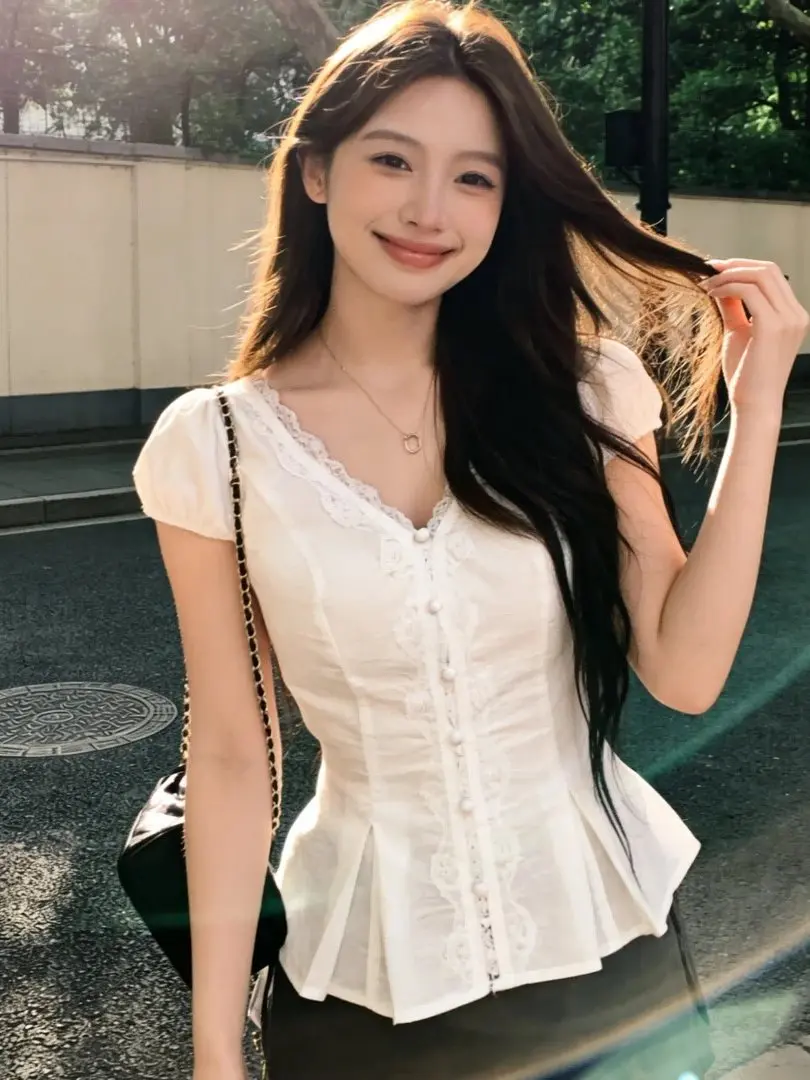 

Sweet Style White Lace V-neck Shirt Women Summer Bubble Sleeve Waist-cinching Slimming Design Short Sleeve Top Korean Version