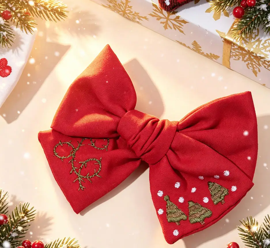 30pc Red Plaid Christmas Hair Bows for Girls Embroidery Hair Clips Xmas Tree Snow Fabric Holiday Party Daily Photo Headwear