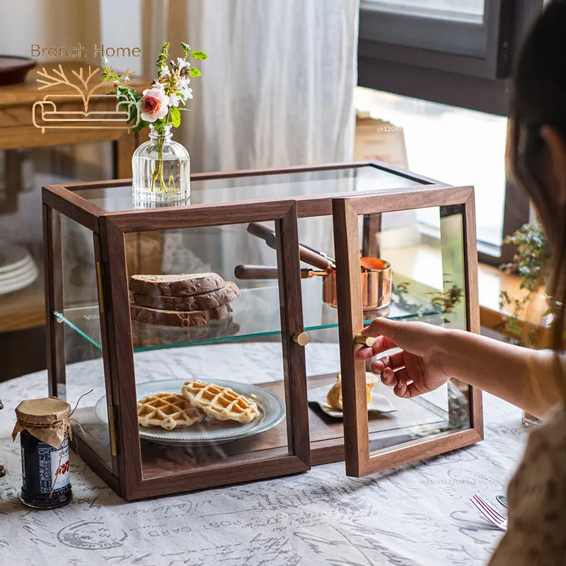 Black walnut solid wood glass tea cabinet display tea room tea set storage display dust storage