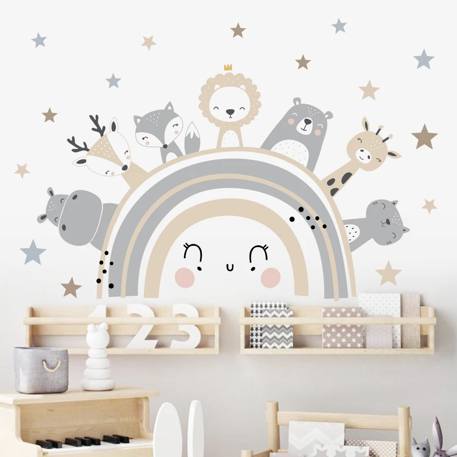 

Cute Rainbow Hippo Lion Fox Giraffe Animal Stars Wall Sticker Nursery Removable Vinyl Wall Decals Kids Room Interior Home Decor