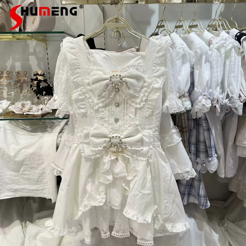 

Japanese Liz Sweet Big Bow Short Sleeve Slim Lolita Princess Mini Dress Shorts 2 Piece Set Girls Cute Dress Set Women Outfits