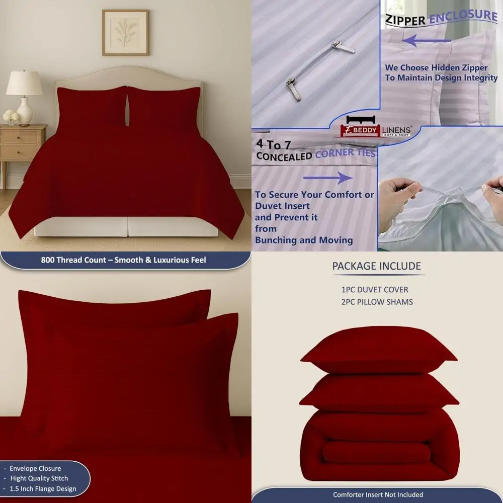 طقم غطاء لحاف مخطط باللون العنابي الفاخر - مقاس سوبر كوين، 98 × 90، عدد 800 خيط من القطن المصري، ناعم ومسامي #1