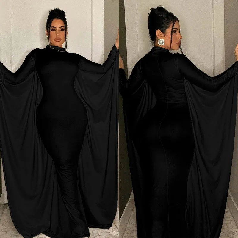 

2025 Fashion Women's Solid Color Bat Style Long Sleeved Dress for Women