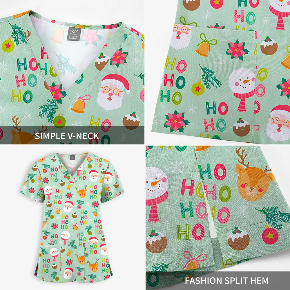 Niaahinn عيد الميلاد الدعك الجراحية القمم المرأة الصيف الكرتون نمط الخامس الرقبة الطبيب البيطري ممرضة الدعك بلوزة ممرضة ملابس النساء موحدة #5