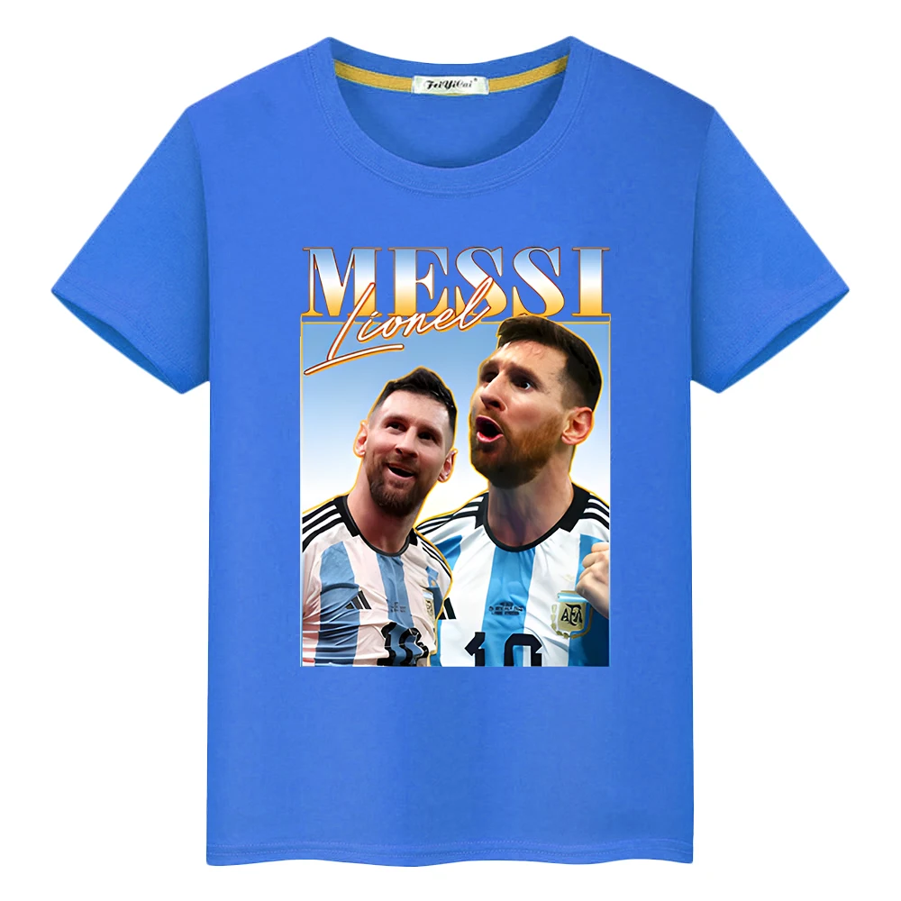 Camiseta de algodón 100% Kawaii con estampado de avatar de messi de fútbol, pantalón corto informal para niño, camisetas de dibujos animados, camisetas de anime y2k, ropa de una pieza para niños y niñas