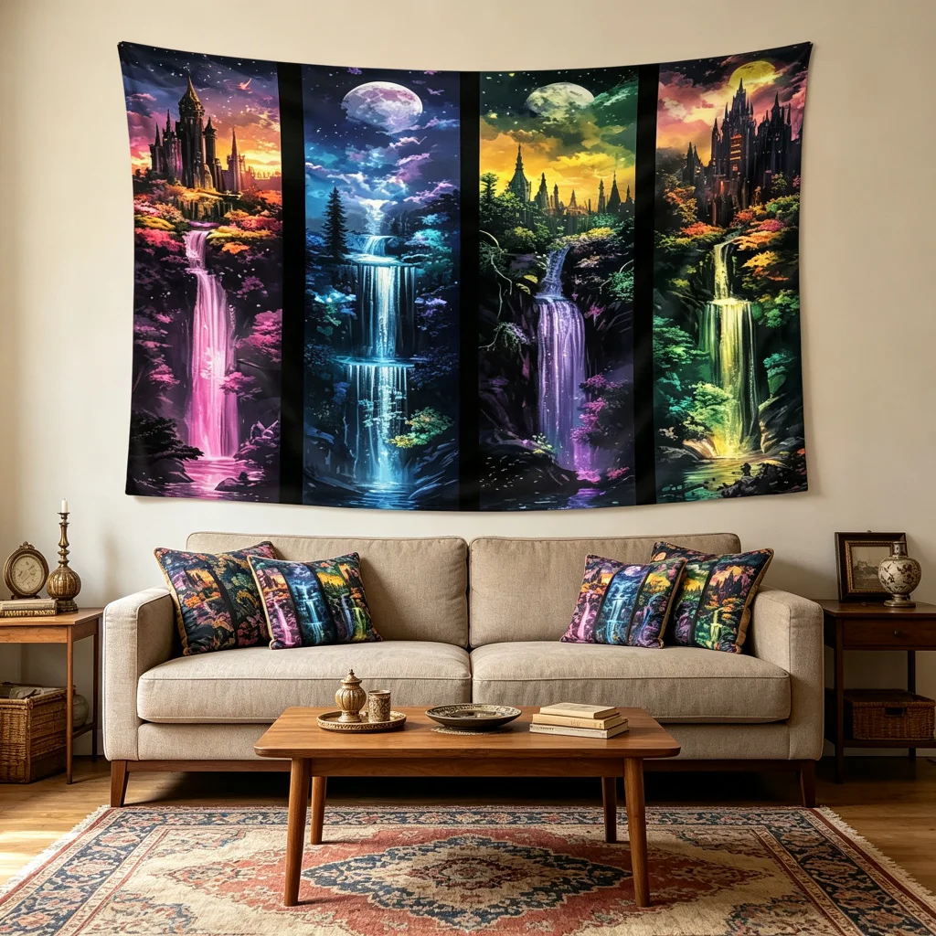 1PC Four Panel Window Art Print Backdrop Banner, Bedroom Living Room Photo Background, Polyester, Home Decor, Wall Art