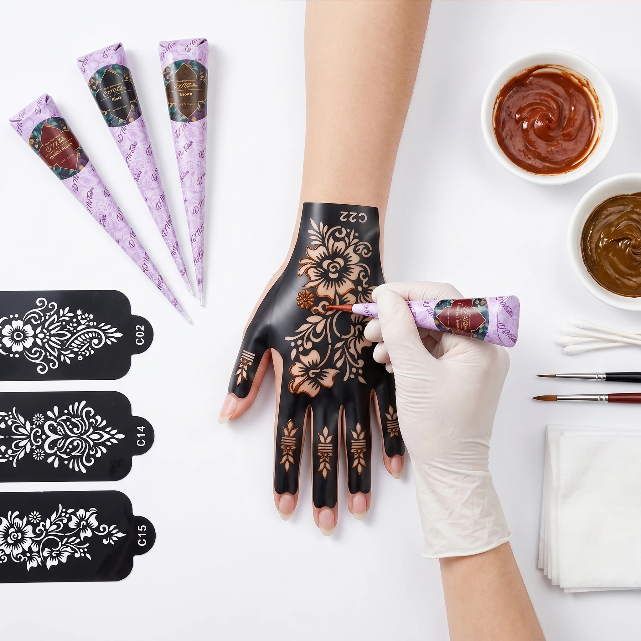 Blumenmuster-Tattoo-Schablonen für Frauen, hohle Henna-Tattoo-Schablonen für Hand und Finger, wiederverwendbare Tattoo-Vorlagen, Tattoo-Werkzeuge – Detail 6