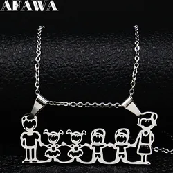 Family Mum Dad and Two Boys Two Girl Stainless Steel Statement Necklace Women Silver Color Necklaces Jewerly joyas N301S01
