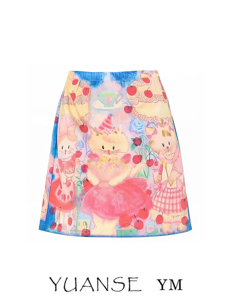 YUANSE High Waist Cartoon Print  Skirt Women's Sweet Youth Slimming Versatile Summer A-Line Skirt Student Friendly