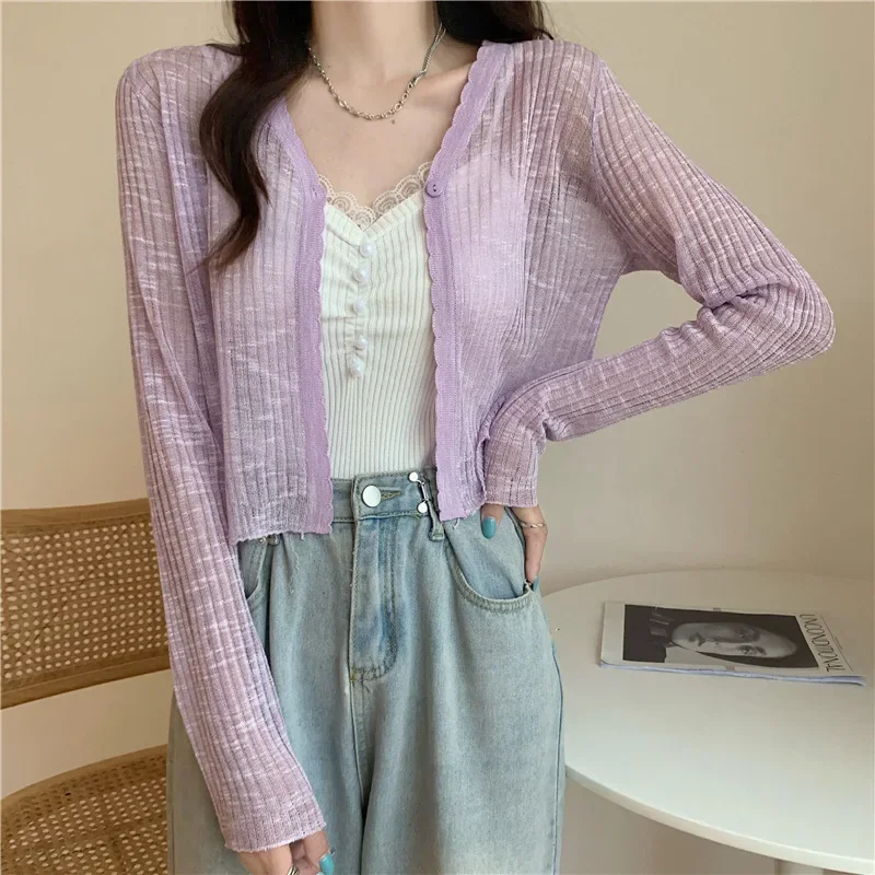 Cardigan Women V-neck Solid Single Button Slim Knitted Thin Tops Female Korean Style Simple Trendy Long Sleeve Sun Protection