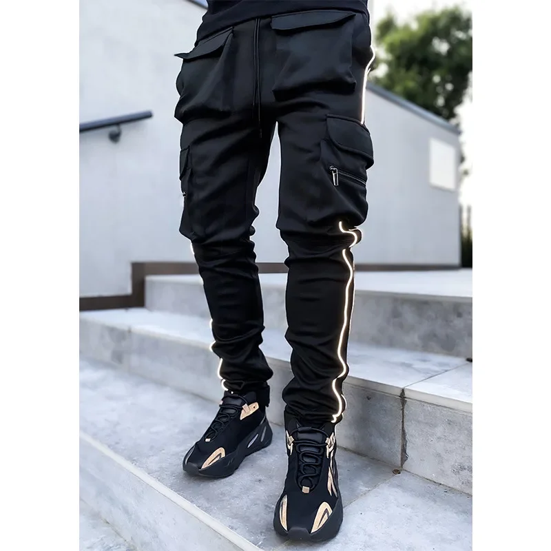 Spring And Autumn Cargo Pants Men\'s Fashion Brand Elastic Multi-bag Reflective Straight Leg Sports Fitness Casual Pants