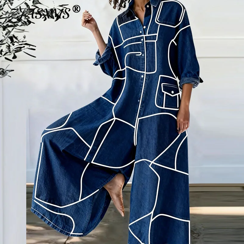 Imitation Denim Pattern Print Woman Jumpsuit Shirt Collar Long Sleeve Baggy Wide Leg Playsuits Casual Streetwear Overalls Romper