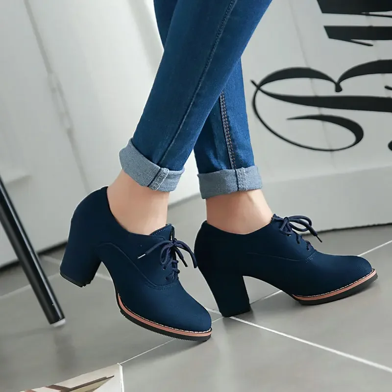 

Spring and Autumn Simple Matte Leather Deep Lace Thick Heel Single Shoe Round Head British High Heel Single Shoes for Women