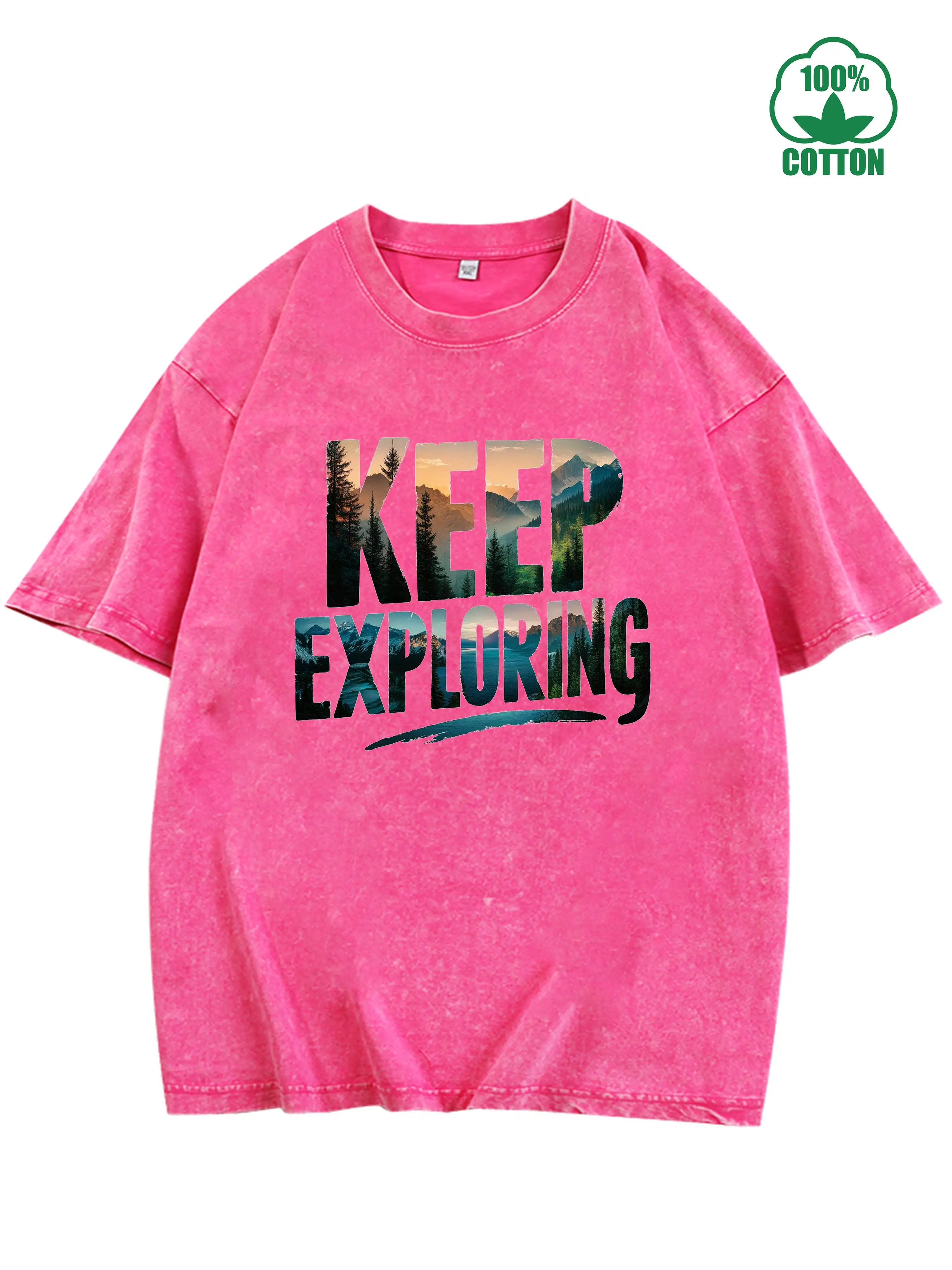 تي شيرت Freedom Keep Exploring 100% قطن عتيق مغسول 230 جرام ملابس شارع مريحة كبيرة الحجم