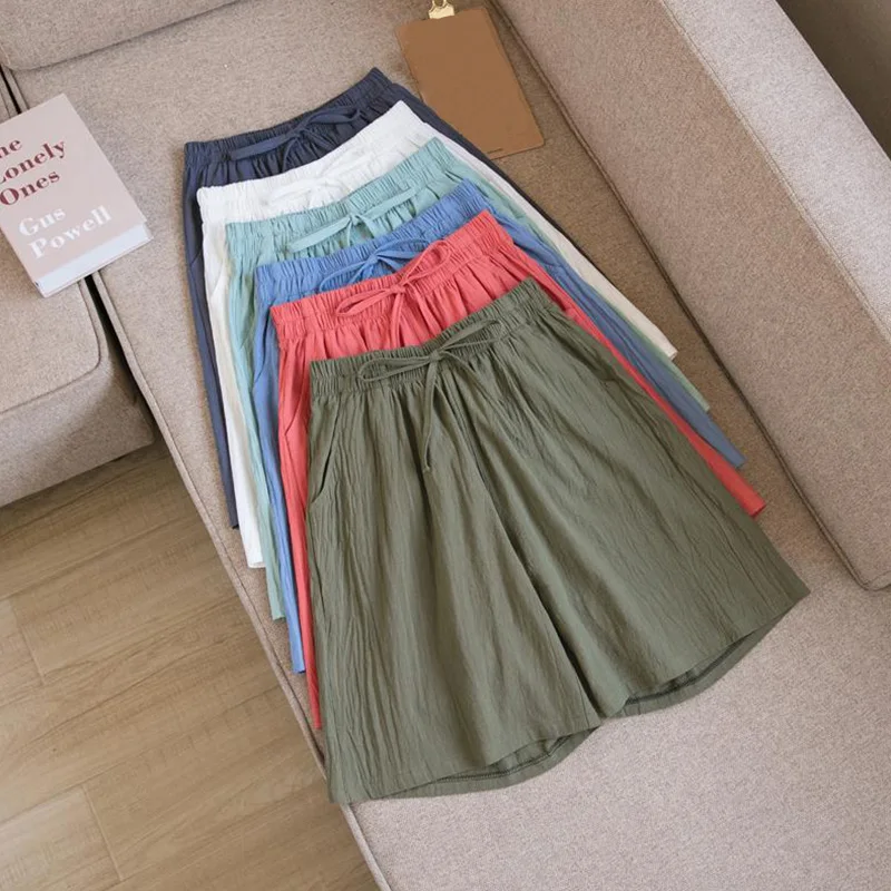 Summer Cotton Linen Loose Women\'s Shorts Casual Straight Short Pants Harajuku Elastic Waist Wide Leg Knee Length Shorts Women