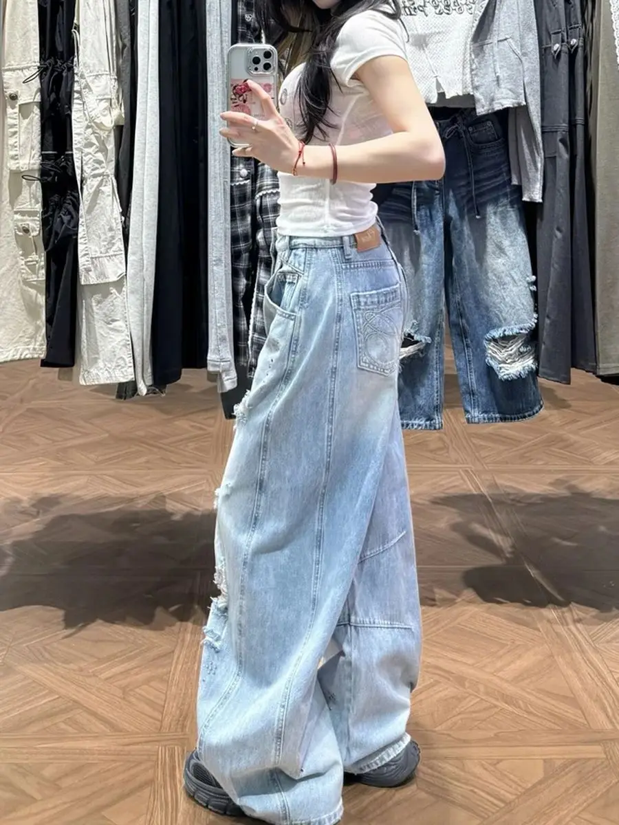 

Old Retro Scimitar Wide-leg Jeans Women's Versatile Loose American Straight Trousers