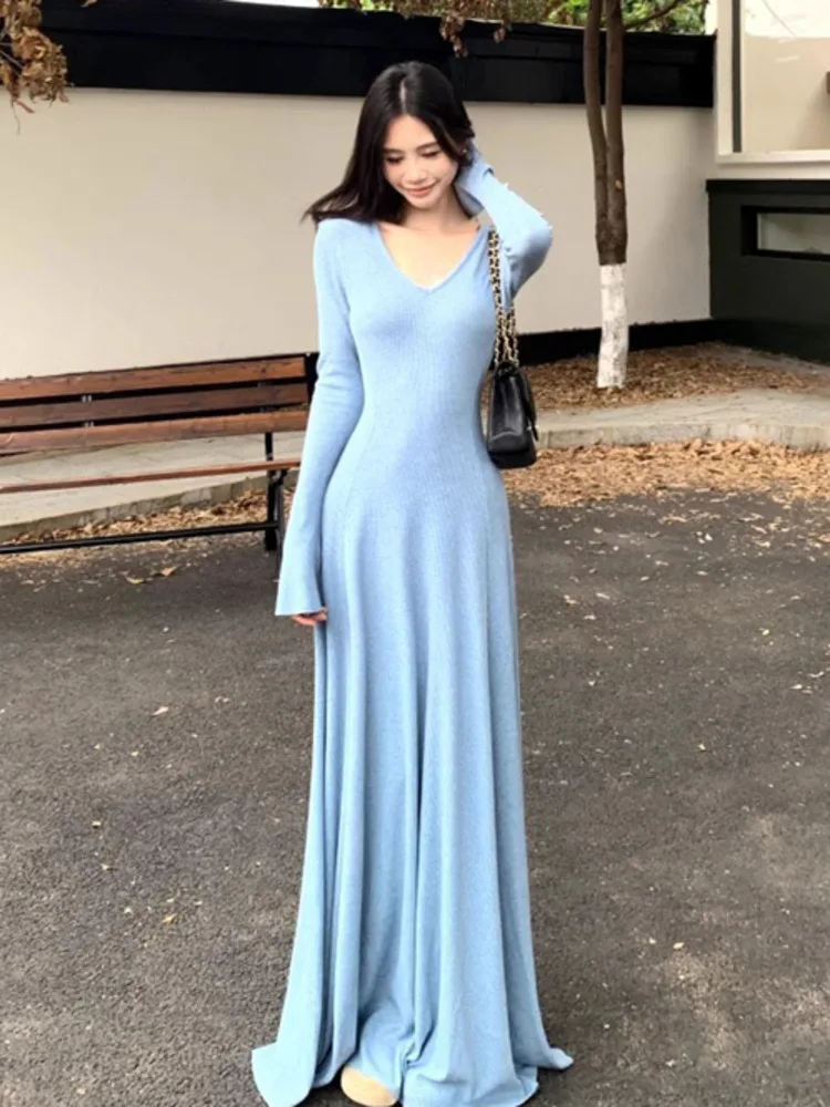 2025 New Spring French Fashion Women Knitted Dress Lady Korean Casual Long Sleeves Elegant Party Long Dresses Simple Vestidos