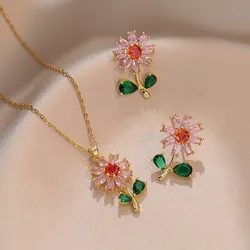 Colorful Zircon Flower Stud Earrings and Pendants Clavicle Necklaces For Women Stainless Steel Chains Bride Wedding Jewelry Sets
