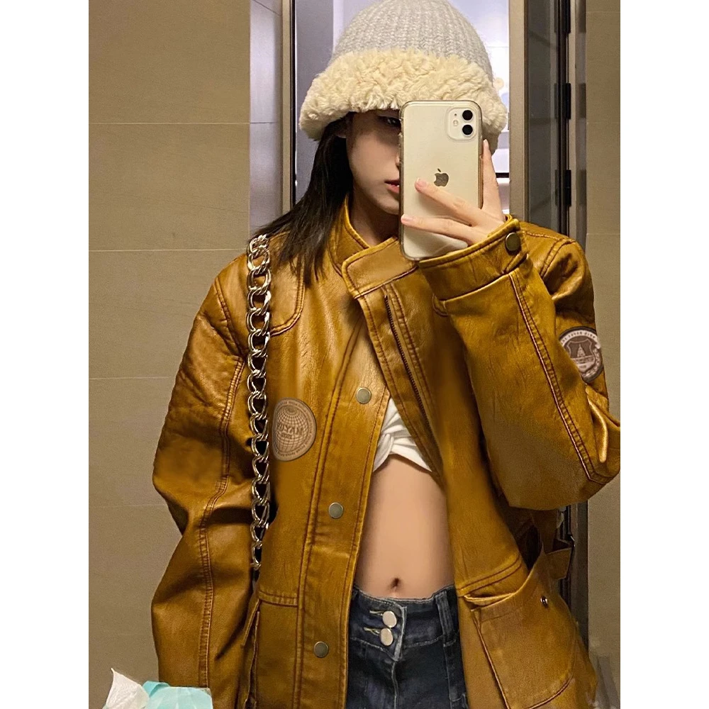 Jaqueta de Couro PU Marrom Estilo Retrô Americano para Mulheres, Casaco de Beisebol 2023, Nova Tendência Vintage, Com Zíper Longo