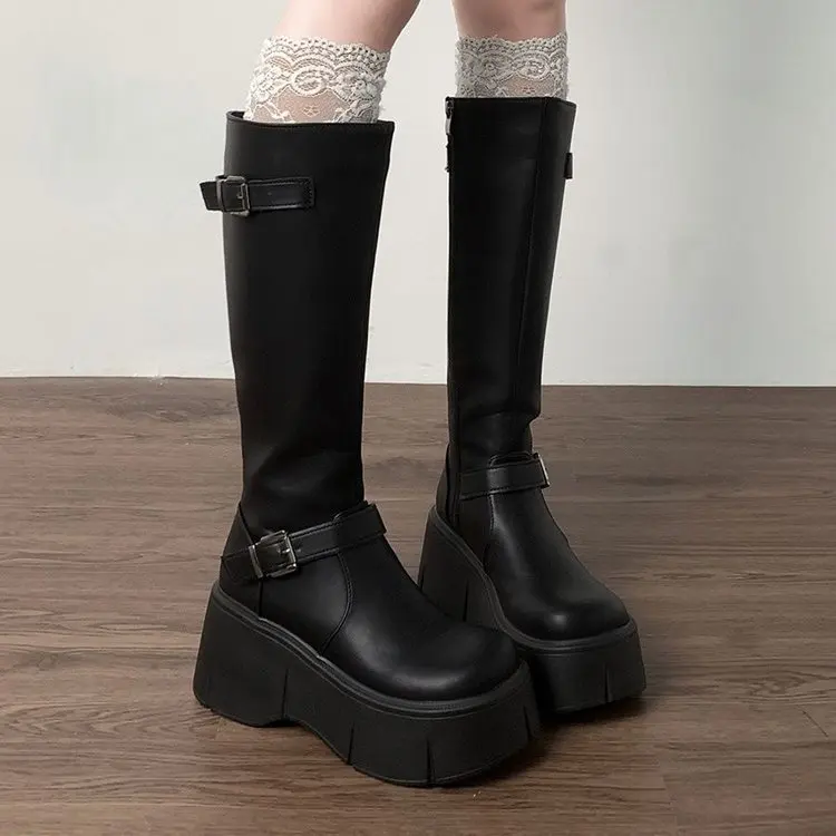 Long tube boots for women 2025 new spring/summer retro French thick soled black knight boots for women