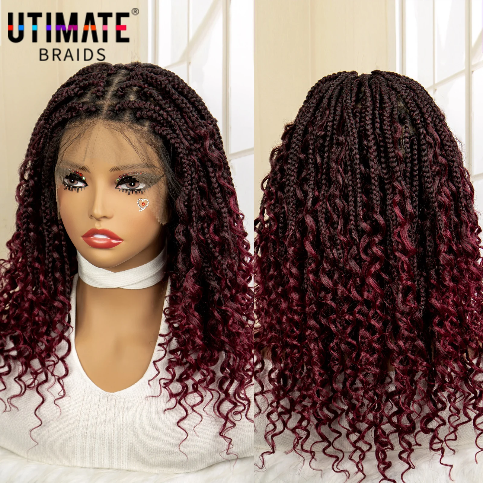 14 Inches Short Burgundy Box Braided Wigs Full Lace Synthetic Boho Braids Wig for Women Ombre Color Braided Wigs