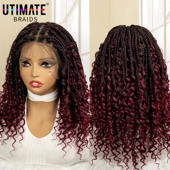 14 Inches Short Burgundy Box Braided Wigs Full Lace Synthetic Boho Braids Wig for Women Ombre Color Braided Wigs