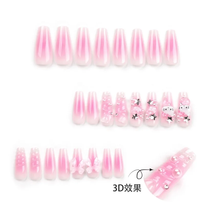 HelloKitty-extensiones de uñas postizas Sanrio, accesorios Y2k, diseño de dibujos animados Kawaii, uñas postizas largas y desmontables, regalo para niñas