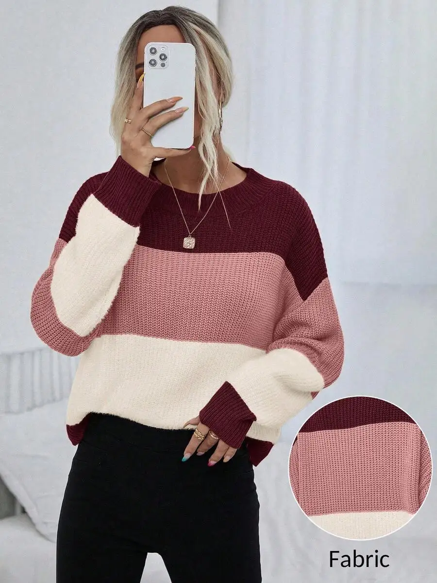 

Color Block Drop Shoulder Knit Sweater Long Sleeve Pullover Fall Winter